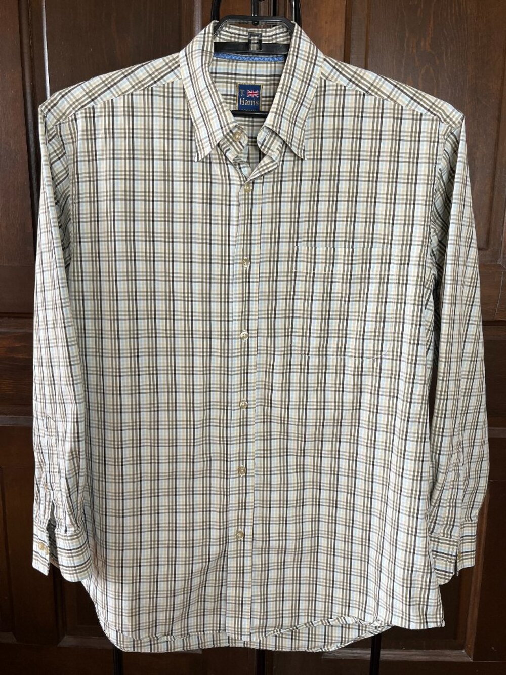 T Harris London Men's Brown/Blue Plaid Dress Shirt Size XL 100% Cotton